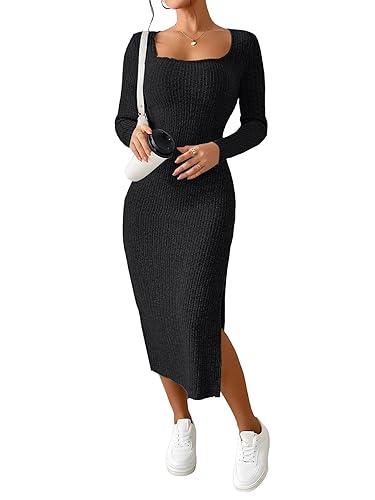 ETCYY NEW Womens Fall Dresses Square Neck Knitted Elastic Basic Winter Bodycon Versatile Slit Dress - Black - Small