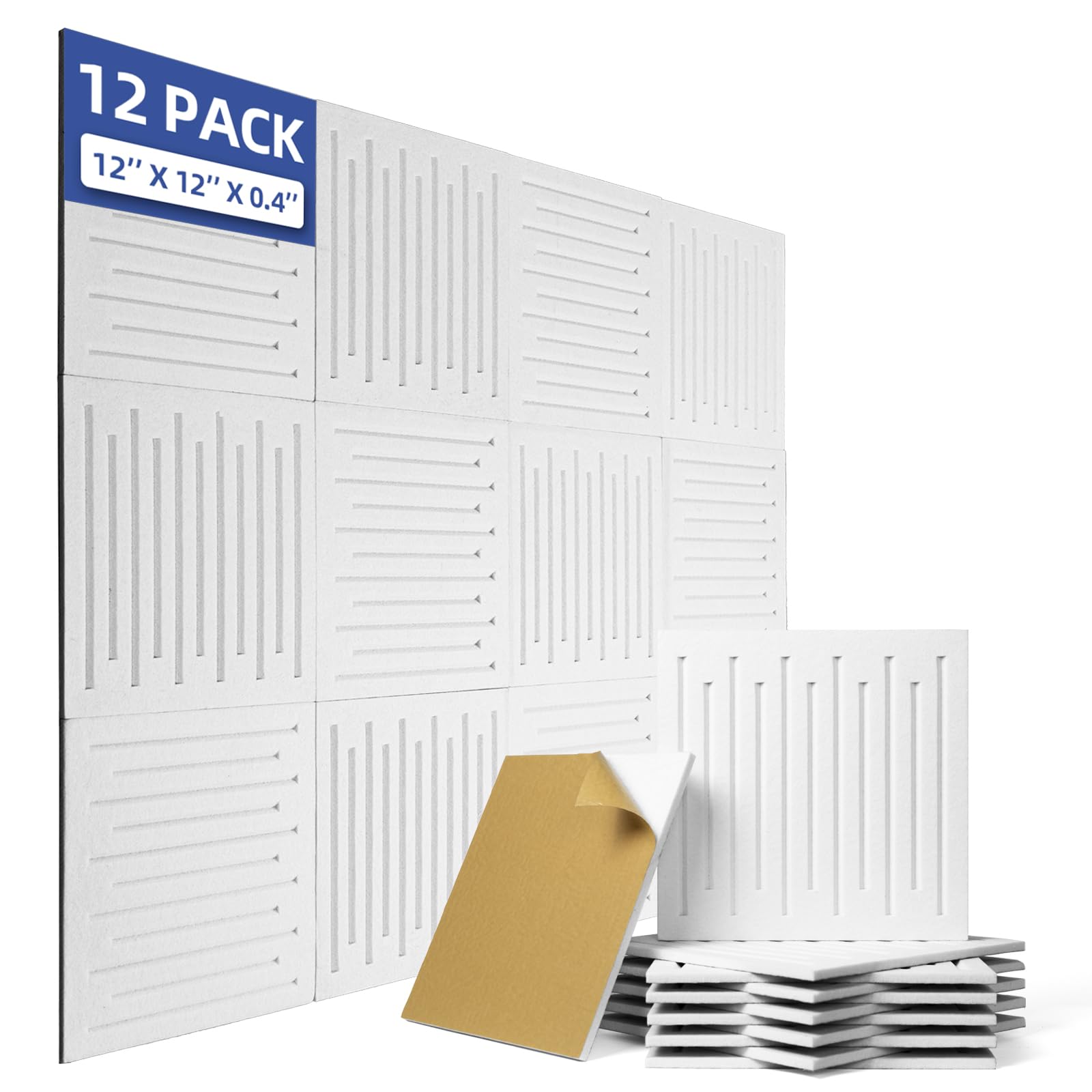 KOIGO 12 Pack Acoustic Wall Panels Self Adhesive - 12" X 12" X 0.4" Acoustic Panels Sound Absorbing High Density Soundproof Foam Acoustic Treatment Tiles for Home Studio Office (White)