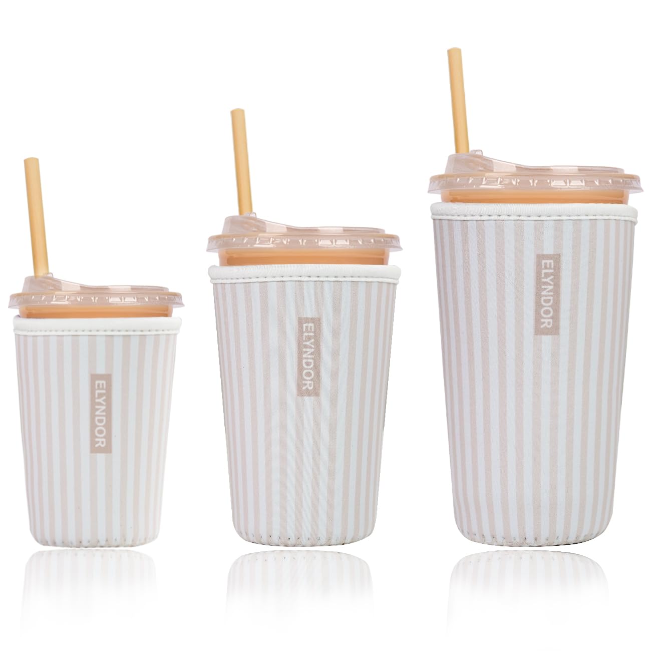 Reusable Insulated Sleeve for Iced Coffee Cup, 3-Pack Coffee Neoprene Drink Sleeve for Cold &amp; Hot Drinks, Beverage Holder for Iced Coffee (Cream Stripes)