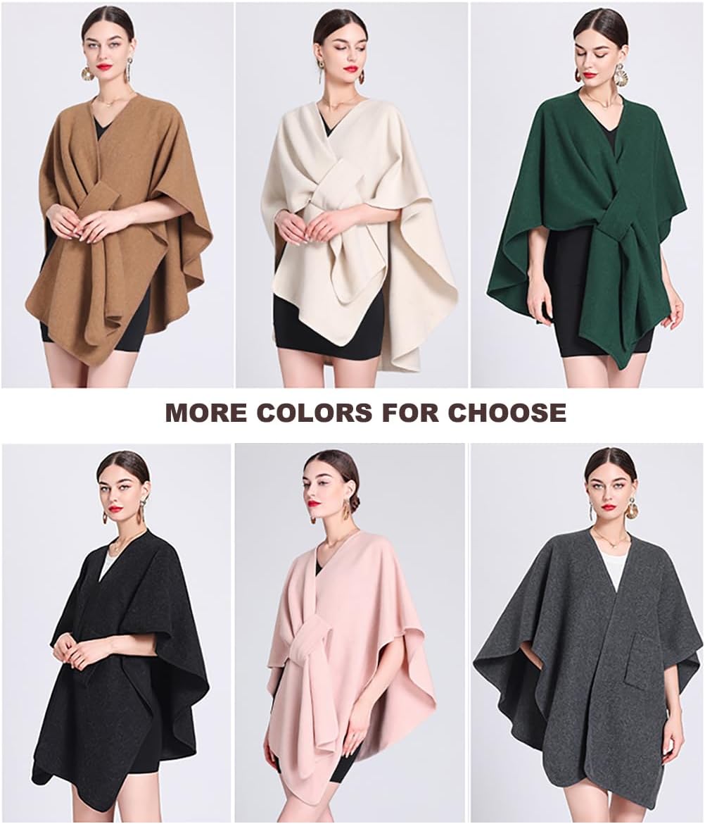 Women's Open Front Cardigan Shawls Elegant Solid Color Poncho Ruana Cape Plus Size Knit Wraps for Fall Winter - Image 7