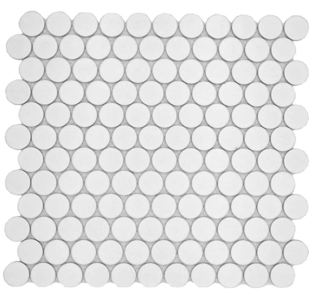 Azulejo de mosaico de cerámica con botón Loop Penny redondo liso blanco mate pared de cocina pared de ducha | 10 alfombrillas de mosaico