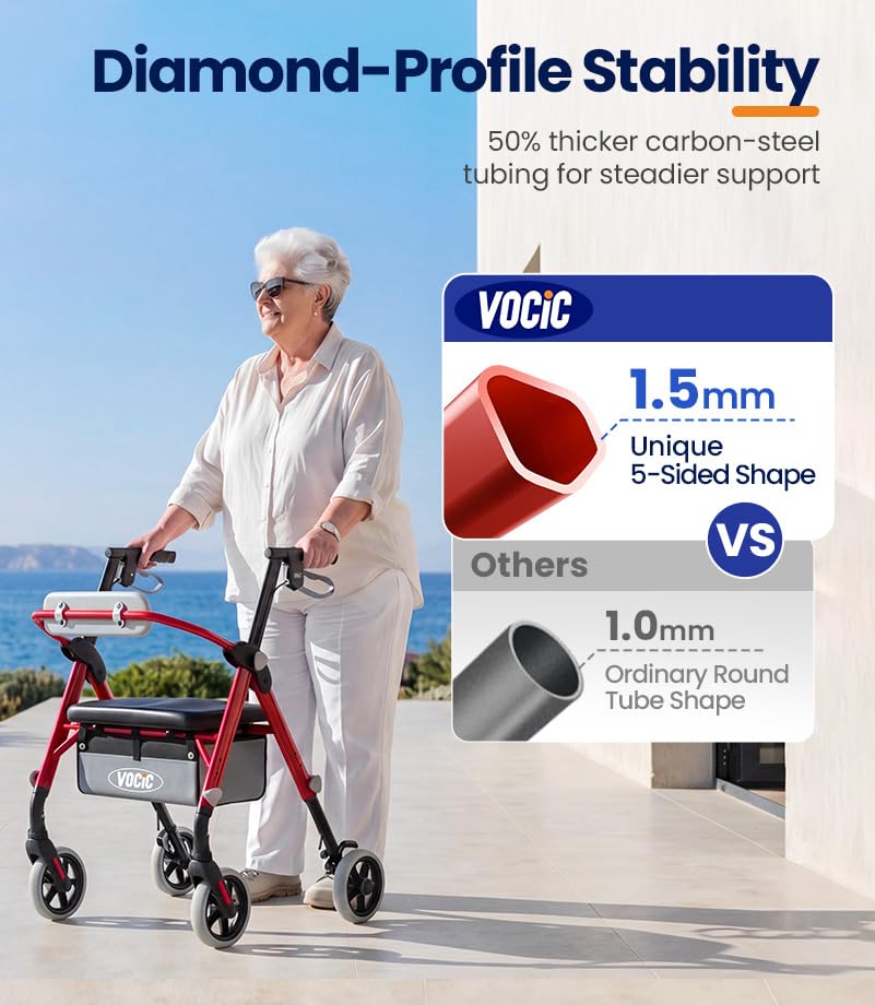 Image of VOCIC Z11 Rollator Walkers for Seniors with Seat, 500 LBS Load, Ultra Wide | High-capacity support, 23 inch wide frame, ergonomic seat, dual brakes, and slim fold for home, shopping & daily walks, Red