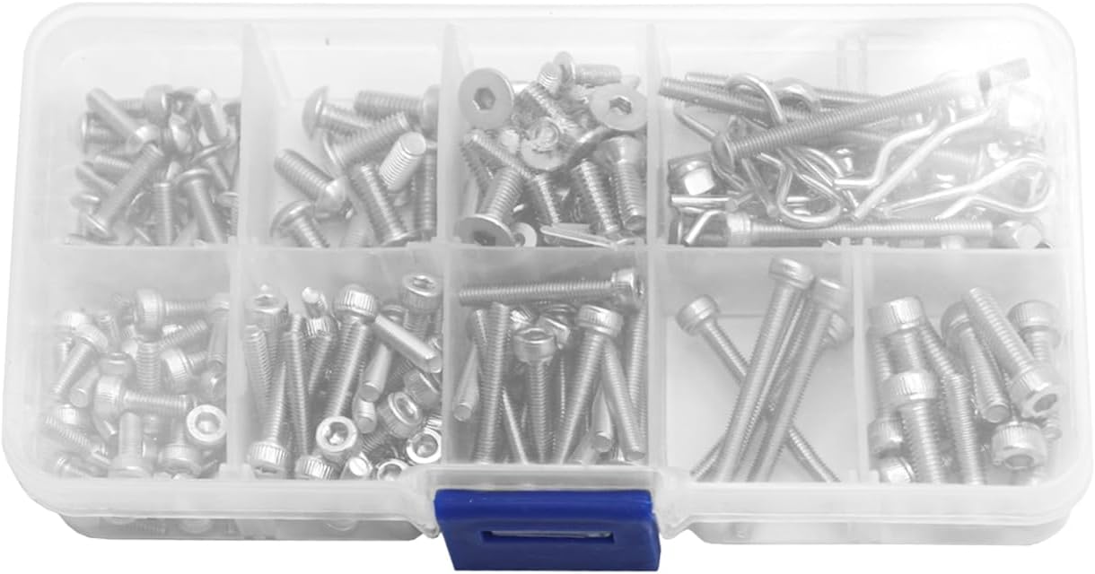 205PCS ShareGoo Stainless Steel M3 M4 Screws,Wheel Hexagon Nut, R Pin RC Screw Kit Compatible with Axial RC4WD Traxxas Slash 4x4 Short Truck Off-Road RC Car Truck