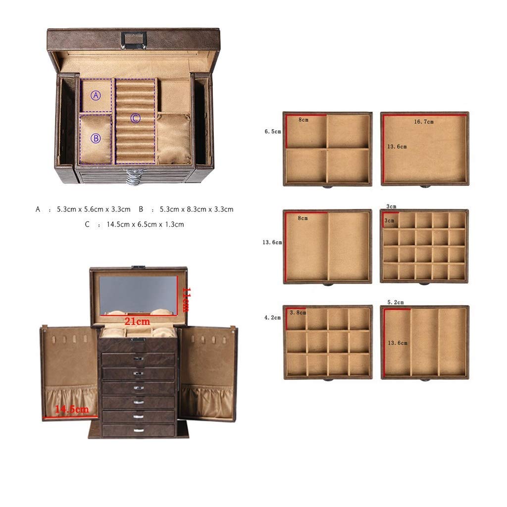 Große Schmuckaufbewahrungsbox mit Spiegel und 7-lagigem Organizer(Brown)