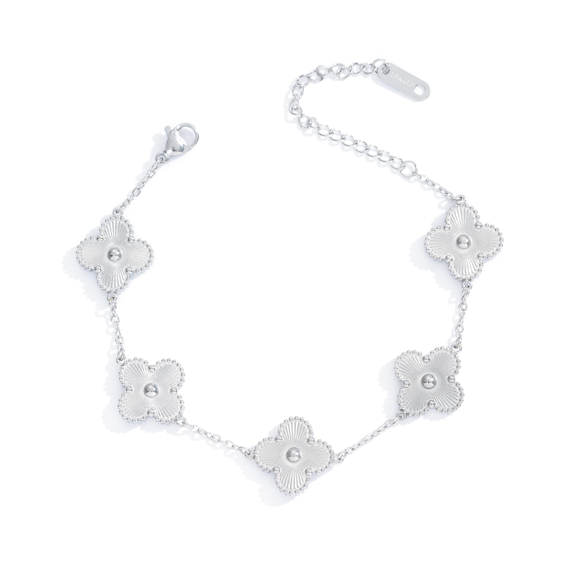 Luxury Bracelets for Women, 18K Gold Plated Clover Bracelet for Women Lucky Four Leaf Link Bracelets Jewelry Gifts Trendy for Women Teen Girls(Silver Bracelet), 24cm