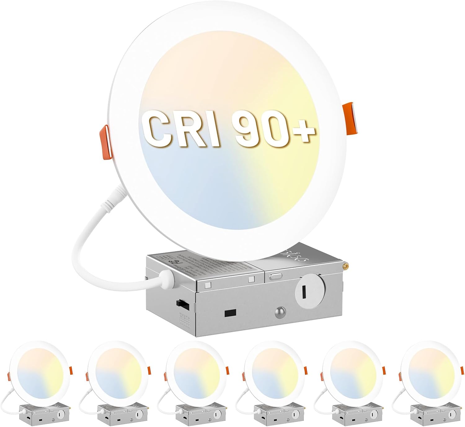 Amico 6 Pack 6 Inch 5CCT Ultra-Thin LED Recessed Ceiling Light, CRI90+ 2700K-5000K Selectable, 1100LM 15W, High Brightness Dimmable Canless Wafer Downlight - ETL&FCC&IC