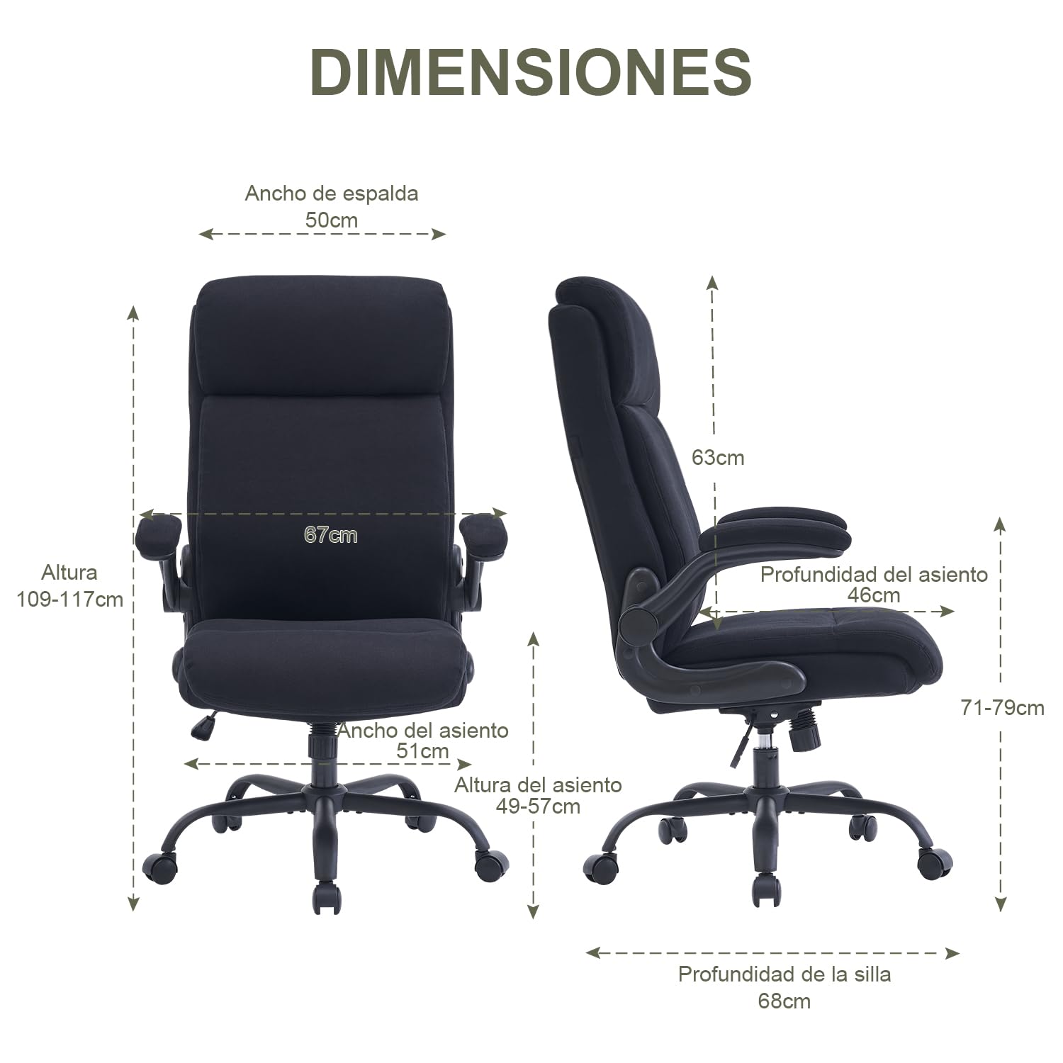 CASTLOVE Silla de oficina ergonómica, silla de escritorio con respaldo, reposabrazos plegable, respaldo alto, altura ajustable, función basculante (silla de oficina, tela, negro, máx. 150 kg)