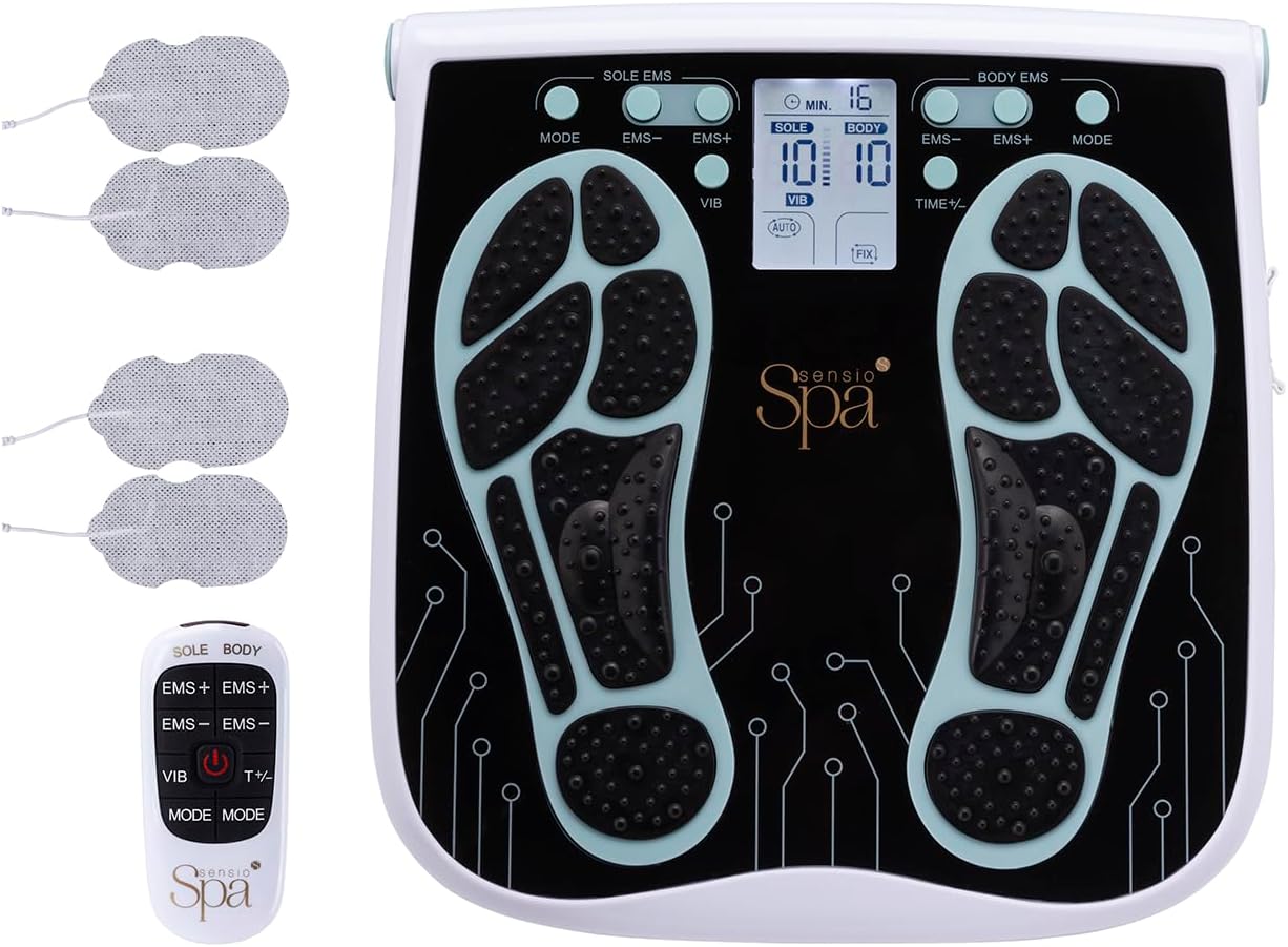 Sensio Spa EMS Foot & Body Massager with Vibration & Remote Control & 4 Pads – 99 Levels | Mains or Battery Powered | Electric Muscle Stimulator Popular Alternative to TENS Machines & Vibration Plates