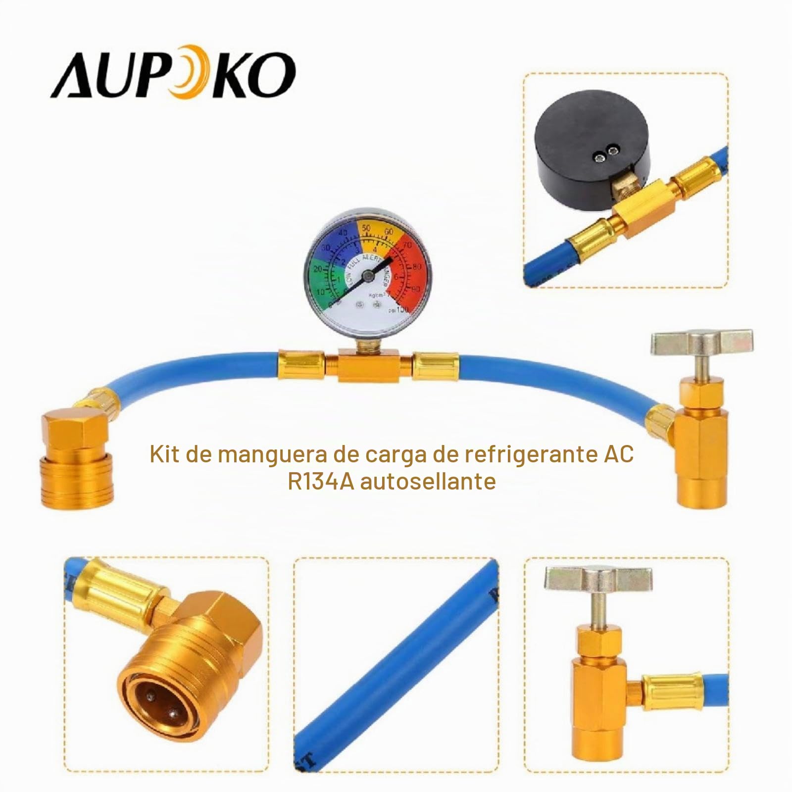 Aupoko R134A - Kit de manguera de carga de refrigerante de CA, lata de válvula autosellante de 1/2 pulgada y manguera de recarga con manómetro, se adapta a refrigerante de aire acondicionado de coche