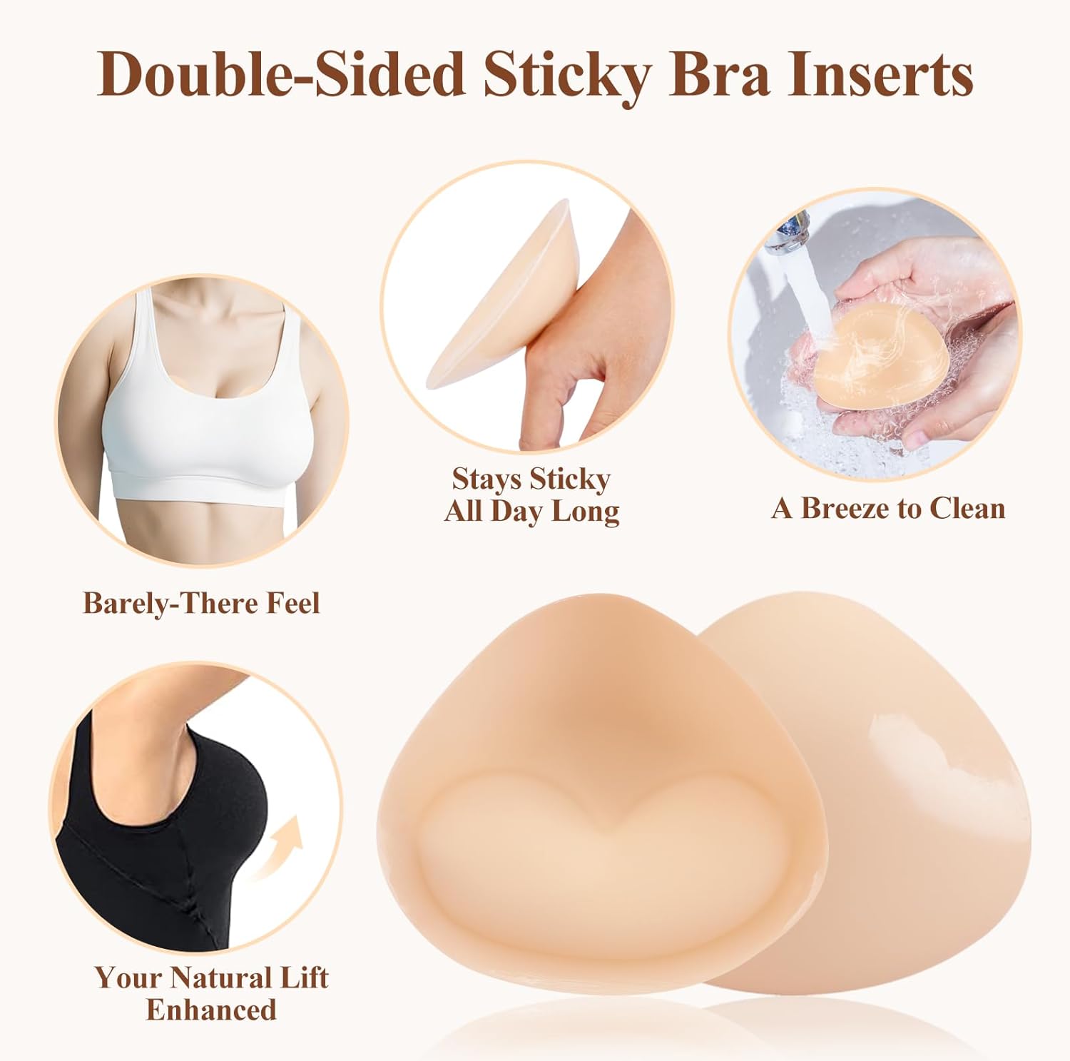 Double Sided Sticky Bra Inserts, Reusable Invisible Adhesive Push Up Pads for Backless Dress & Swimsuit