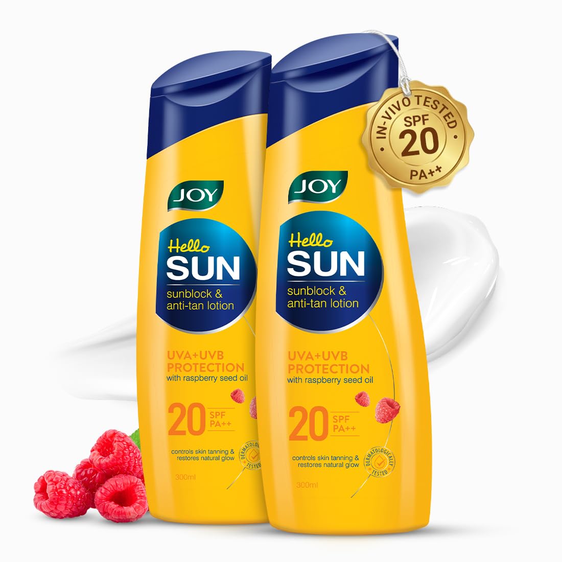 Joy Hello Sun Body Sunscreen Lotion SPF 20 PA++ (300ml x 2) For Tan Control & Body Moisturization | Lightweight, Zero White Cast & Easy Absorption | For Normal to Oily Skin