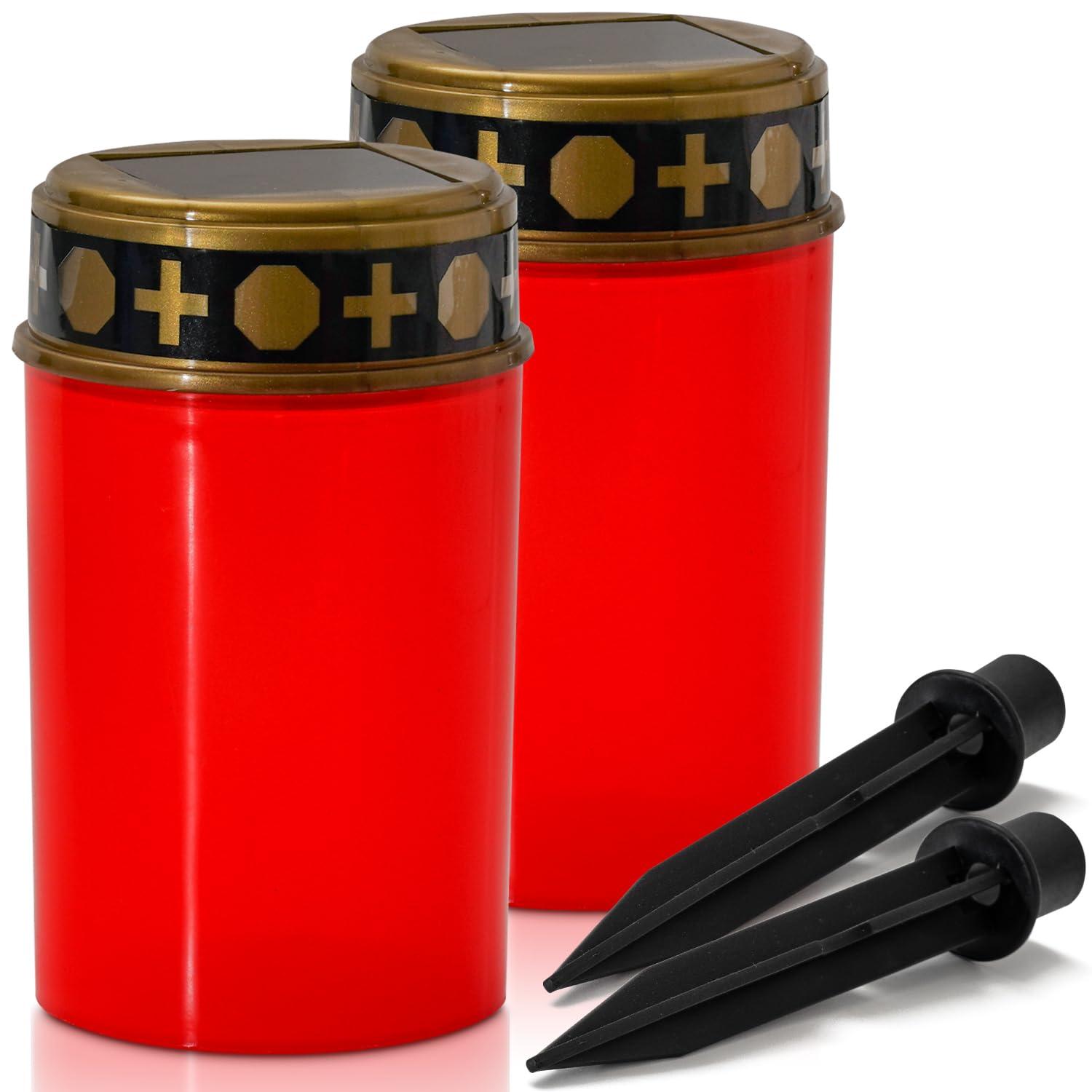 Homemory Solar LED Grablicht Rotes Wasserdichtes Outdoor Friedhofskerze Solarbetrieben mit Lichtsensor, lange lebensdauer,Stabilisierungsbügel mit Erdspieß, 6,5 cm x 11,5 cm, 2er-Set