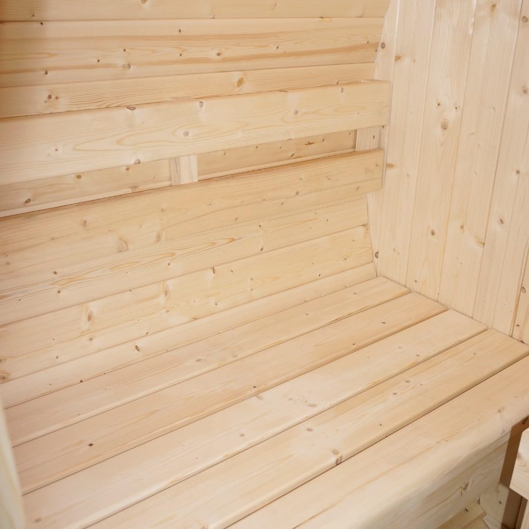 SANOTECHNIK Outdoor Fasssauna TROMSÖ M für 2 Personen, Gartensauna aus Fichtenholz mit 3,6 kW Elektroofen, Saunasteine & Zubehör, Asphaltdach, 189 x 120 x 191,5 cm