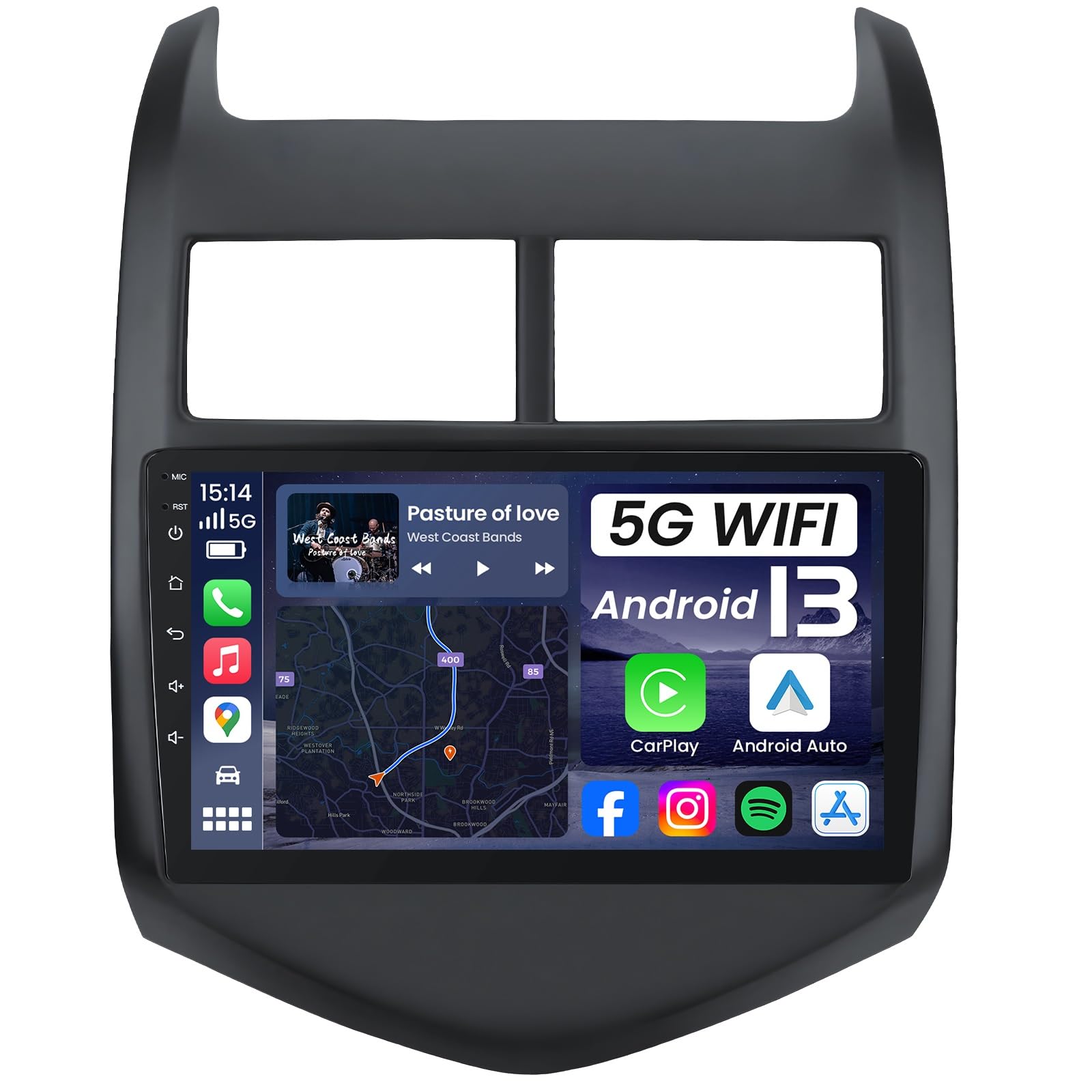4Core + 64G ROM Car Radio for 2012-2016 Chevy Aveo Sonic: 9" 1280 * 800 HD IPS Touch Screen Stereo with Wireless CarPlay Android Auto 5G WiFi