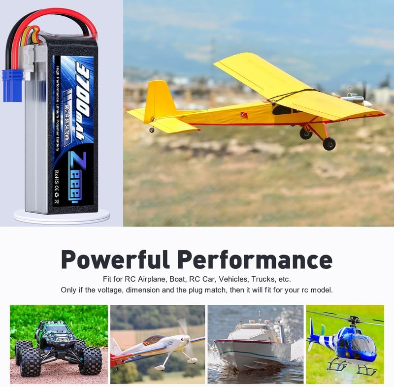 Zeee 4S Lipo Battery 3700mAh 60C 14.8V Soft Case Battery with EC5 Plug for RC Airplane Helicopter RC Boat UAV Drone FPV RC Car Truck Boat(2 Packs)