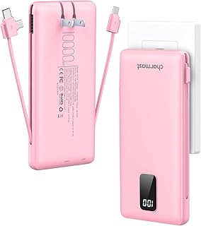 Charmast Portable Charger with Built-in Cables and AC Wall Plug, 10000mAh Ultra Slim Power Bank with 5 Outputs & 2 Inputs, External Battery Pack Compatible with iPhone 14/13, Samsung Galaxy, etc