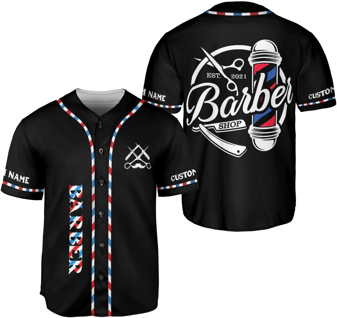 Leeprints Personalized Baber Shop Baseball Jersey, Hairdresser Baseball Jersey Barber Life Pole Scissors Barber Blade