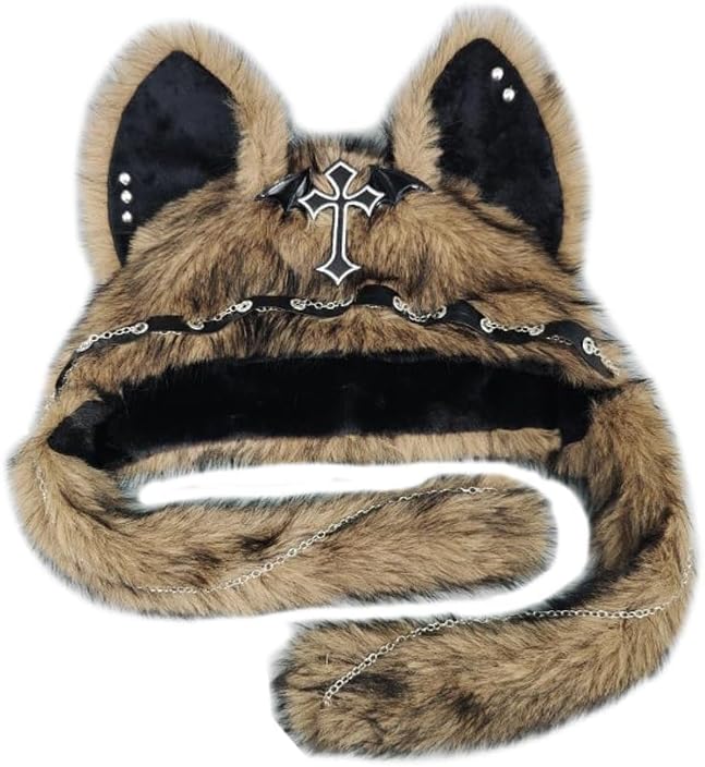 Gothic Punk Black Cat Ear Faux Fur Hat with Scarf, Y2K Alternative Winter Hat for Girls, Chain Cross Design