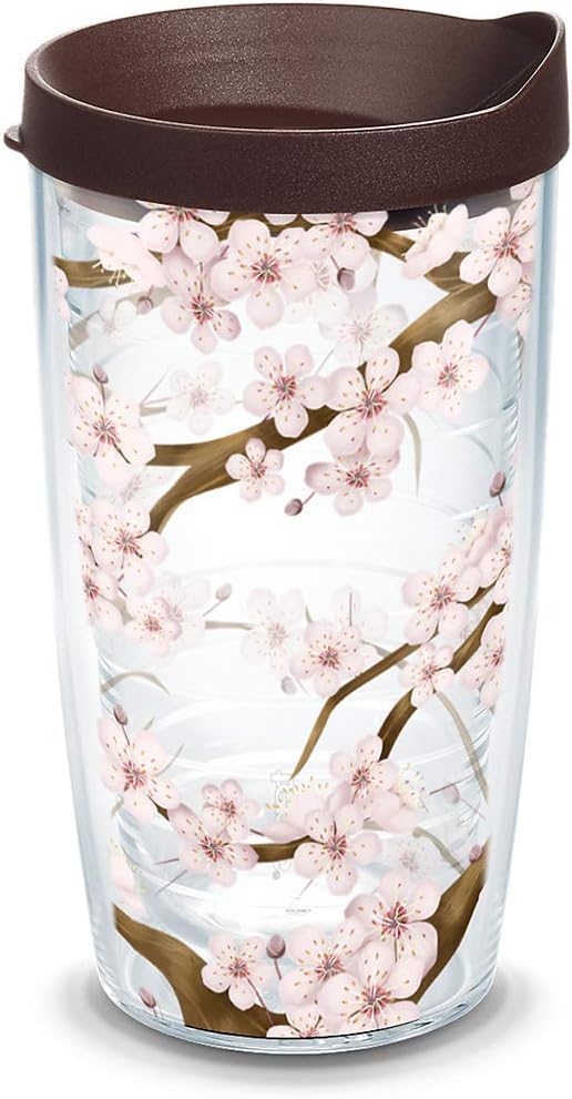 Best Promo Tervis 1041201 Cherry Blossom Tumbler with Wrap and Brown Lid 16oz, Clear
