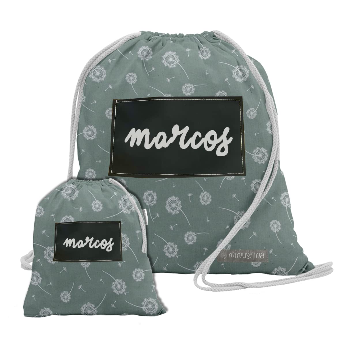 MIMUSELINA Mochilas guardería. Bolsas tela con cuerdas. Pack 2 sacos tela infantil, una grande y una pequeña impermeable. Mochilas bebé personalizables tela de pizarra Nombre con tiza (Diente menta)