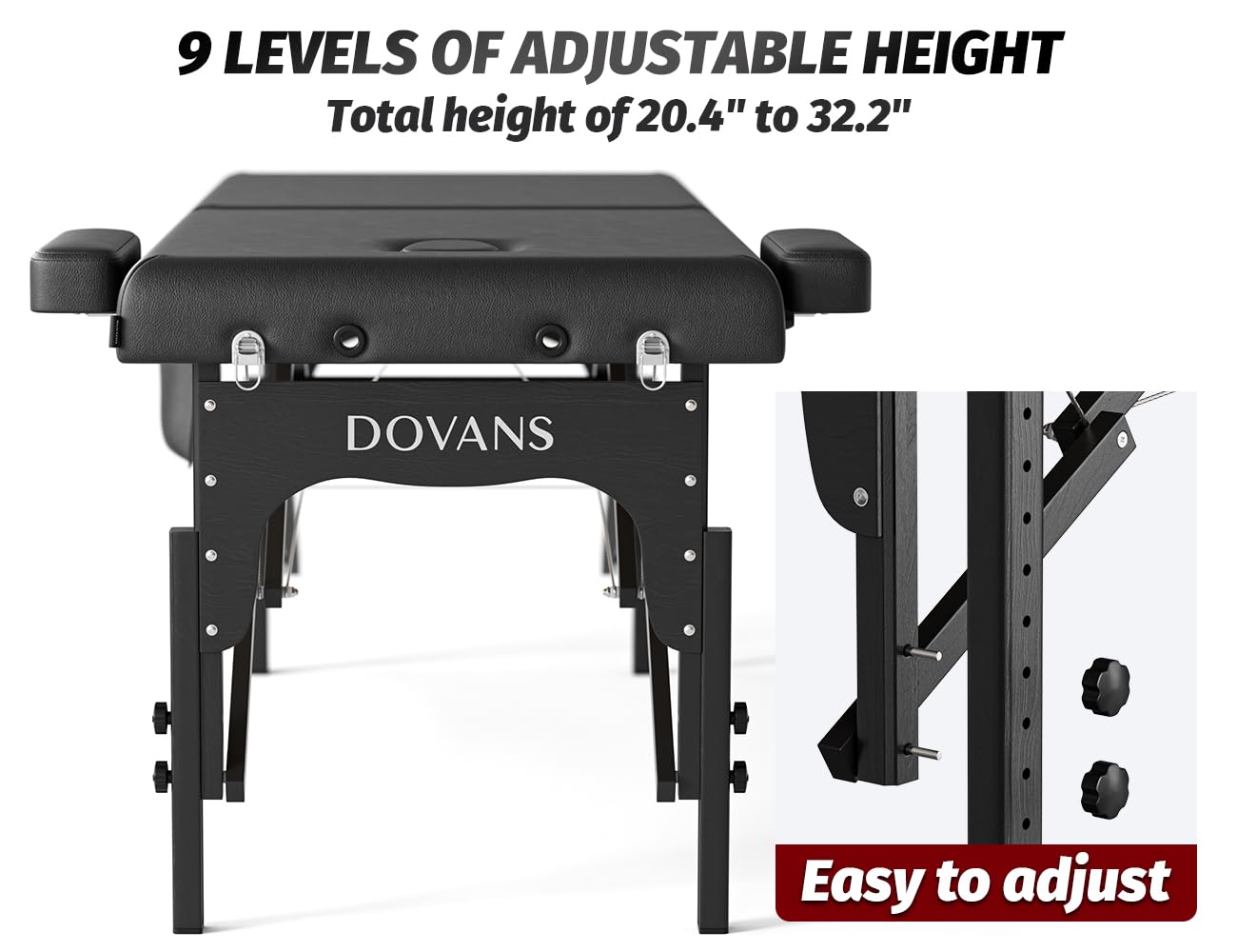 Mesa de masaje profesional portátil de 2 pliegues de espuma elástica de alta calidad con patas de madera de hasta 800 libras, 10 alturas ajustables con bolsa de transporte, color negro