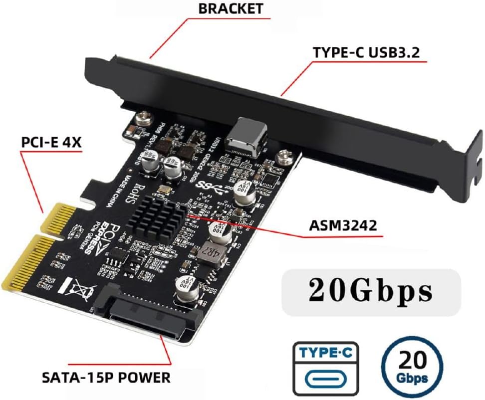 Xiwai 20Gbps USB 3.2 Gen2 Type-C USB-C to PCI-E 4X Express Card Adapter for Desktop Motherboard