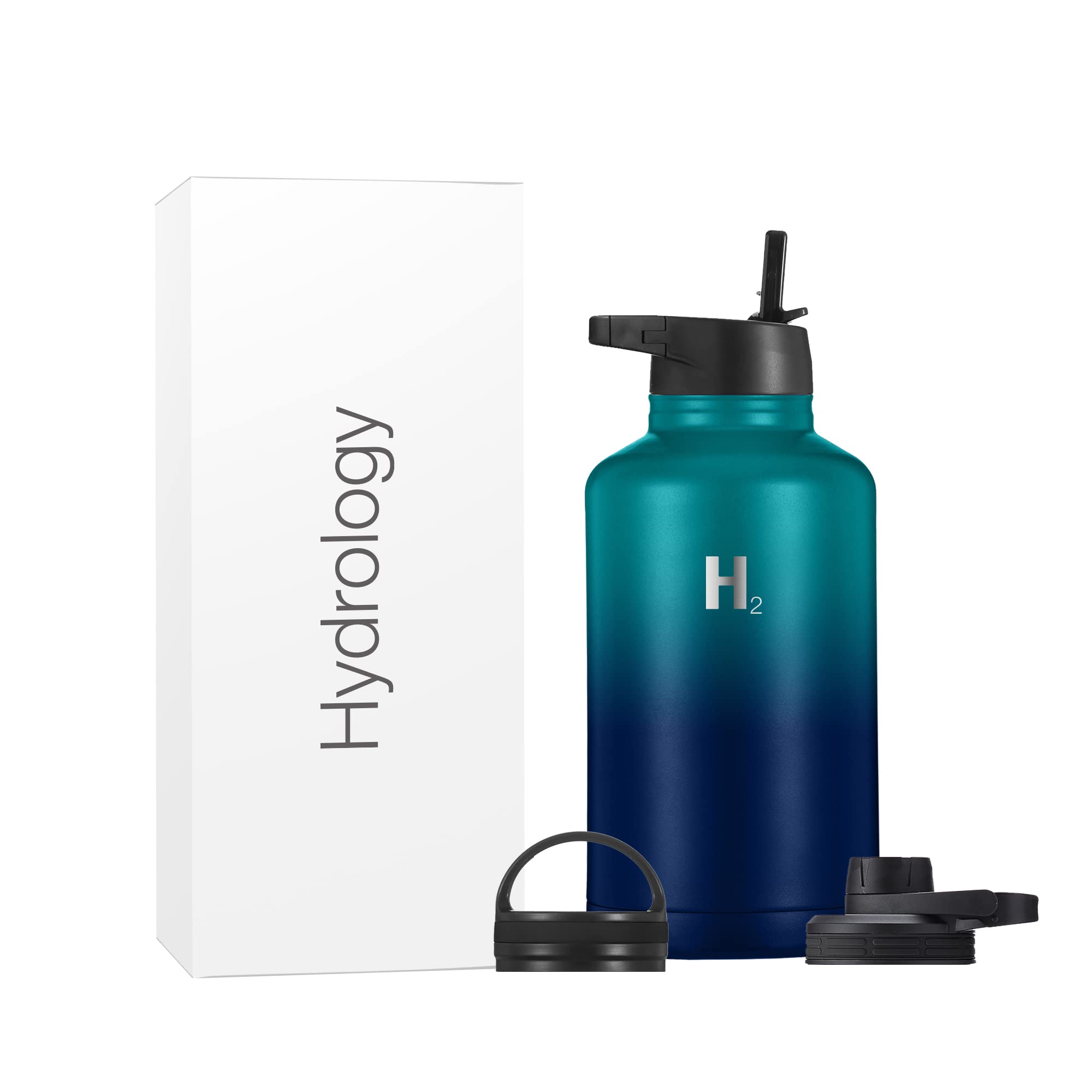 H2 Hydrology Sport Water Bottle 3 LIDS (Straw Lid & Spout Lid) | Double Wall Vacuum Insulated Stainless Steel Wide Mouth | Sports Hot & Cold Leak Proof Sweat Free Thermos (64 oz, Deep Sea)