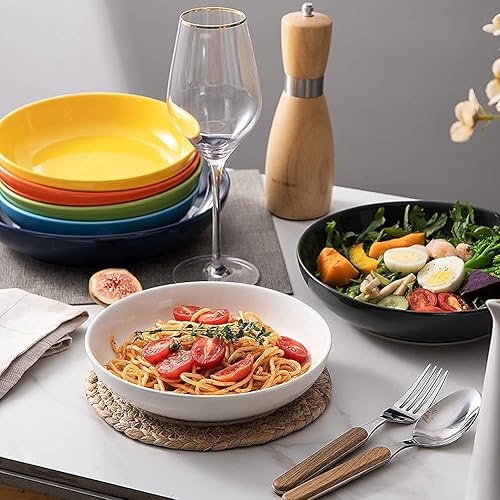 Miniatura 4 de Sweejar Tazones para pasta, platos llanos de cerámica, cuencos de ensalada de 25 onzas para servir, sopa, postre, pizza, fruta, filete, microondas y