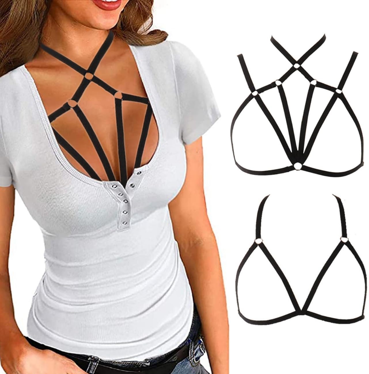 Sexy Lingerie Set for Women Elastic Harness Hollow Out Cupless Cage Bra Adjustable Strappy Naughty Play Crop Top