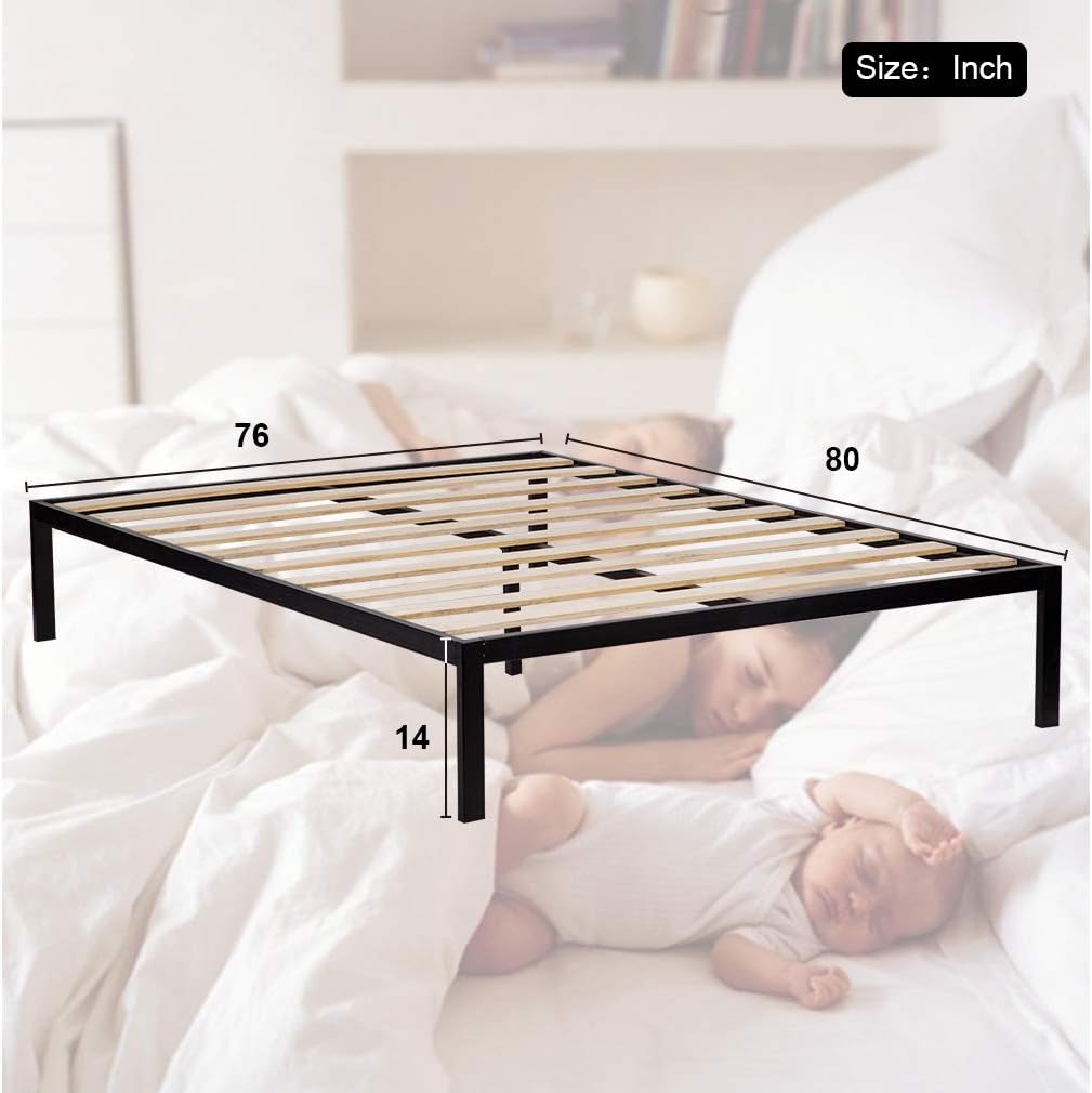 King Size Wooden Slat Edge Platform Metal Bed Frame Mattress Foundation