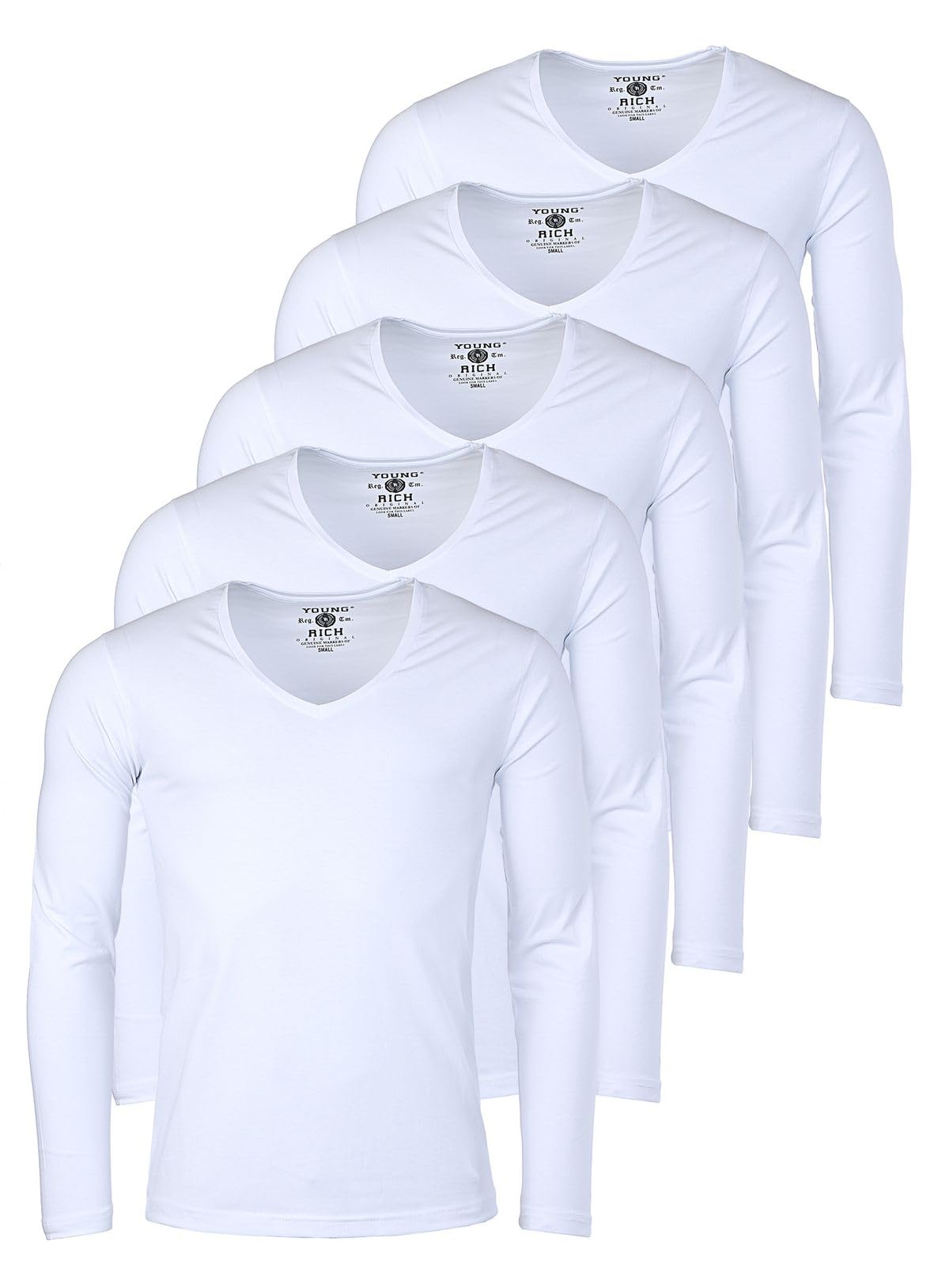 Young & Rich Herren Uni Longsleeve Basic Langarm T-Shirt mit tiefem V-Ausschnitt Slimfit mit Stretchanteilen (3er Pack)