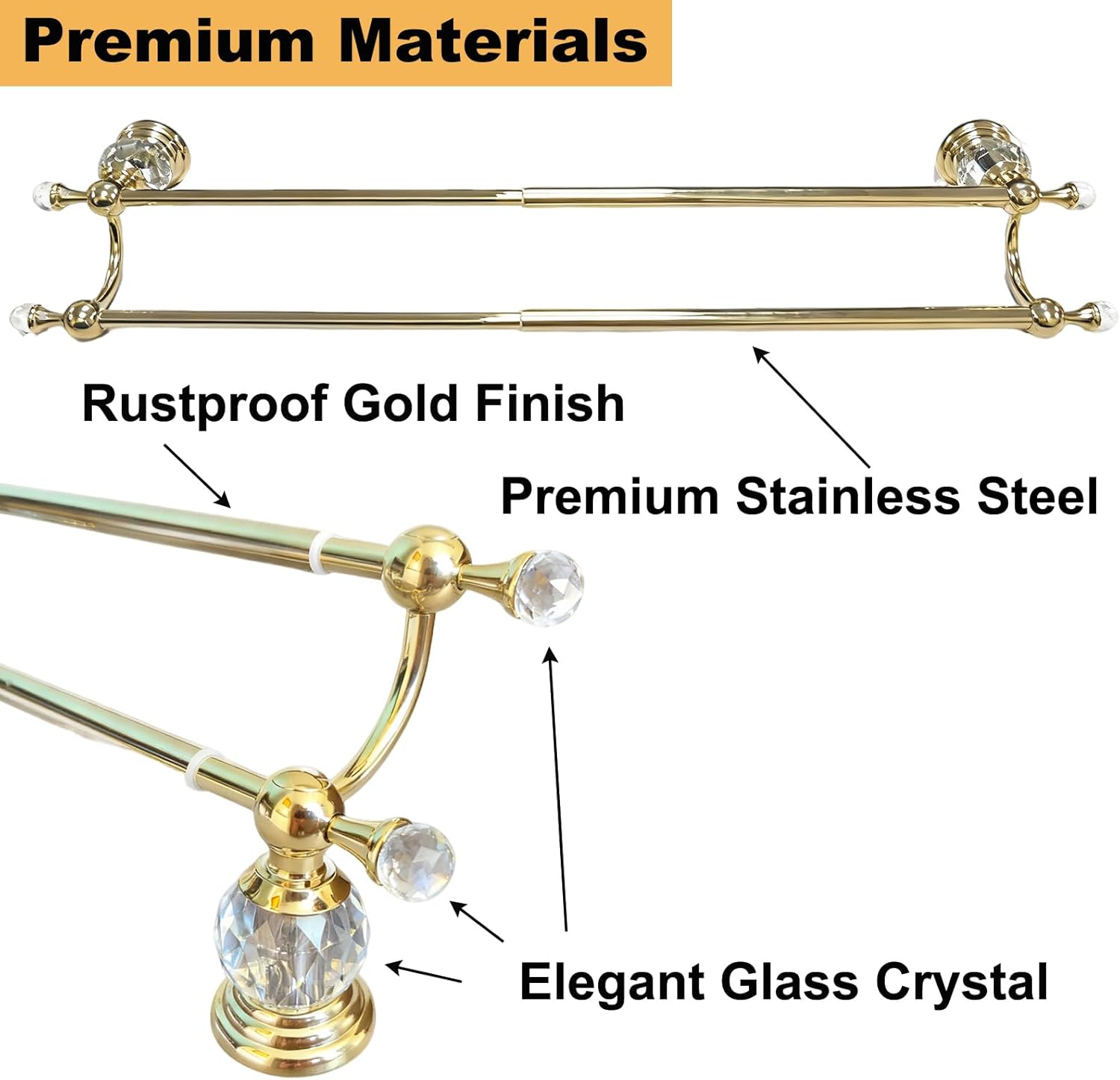 Gold Double Towel Bar with Crystal, Adjustable Towel Racks for Bathroom Wall Mounted 18-30 Inches, Stainless Steel Towel Rod Holder for Modern Luxury Bathroom