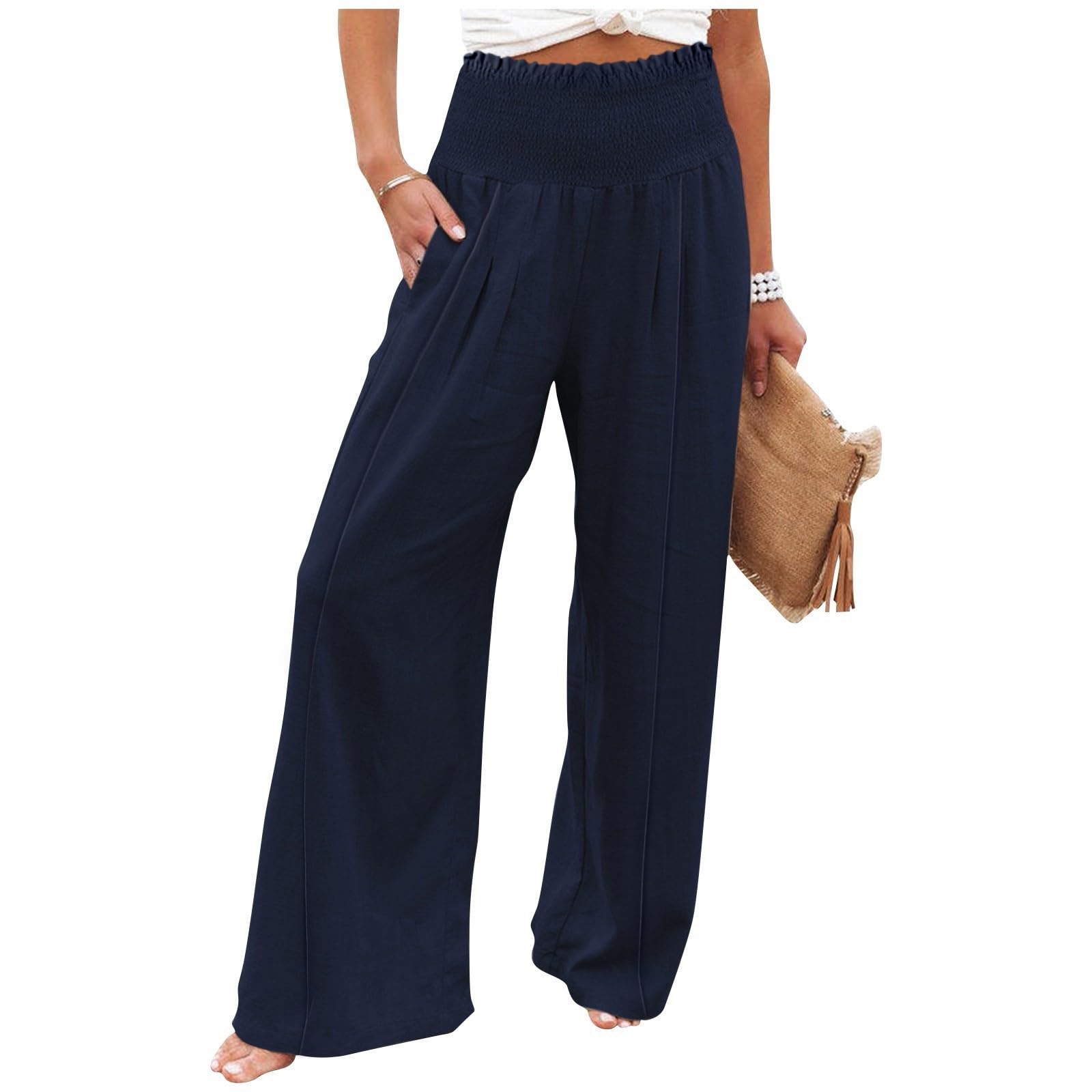 Smocked High Waisted Linen Pants Women Wide Leg Relaxed Fit Palazzo Pants with Pockets Vacation Beach Long Trousers