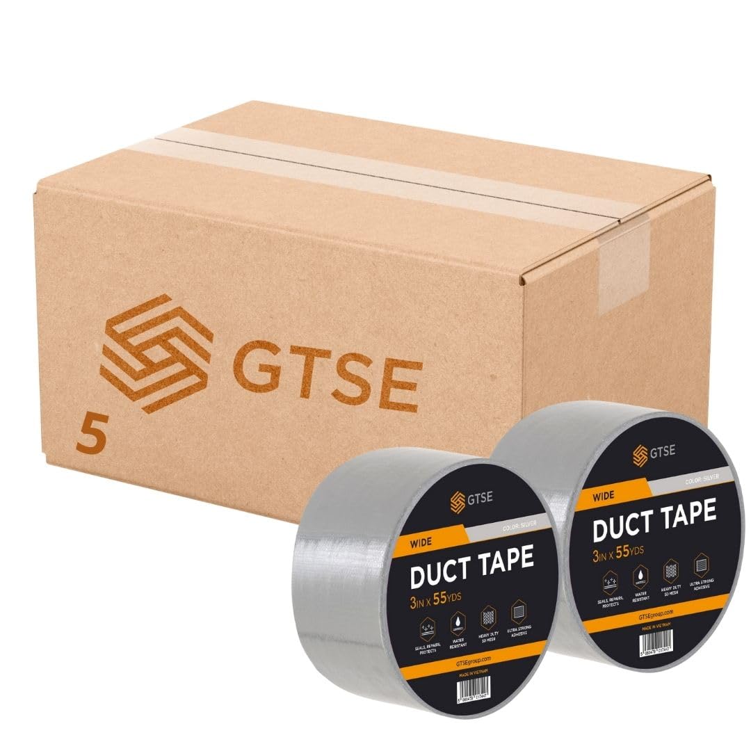GTSE 5 Rolls 75mm x 50m, Wide Silver Duct Tape 3โ Waterproof Strong Adhesive Gaffer Tape for Patching, Sealing, Securing Cables and Labelling, Heavy Duty Tape
