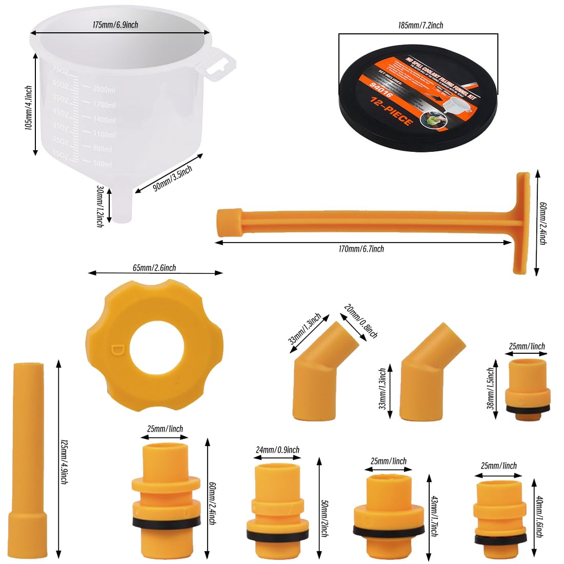 12 PCS No-Spill Coolant Funnel Kit – Universal Radiator Filling Tool Set with Adapters for Most Vehicles – Automotive Antifreeze Filling Kit – Easy Coolant Refilling & Air Bleeding System