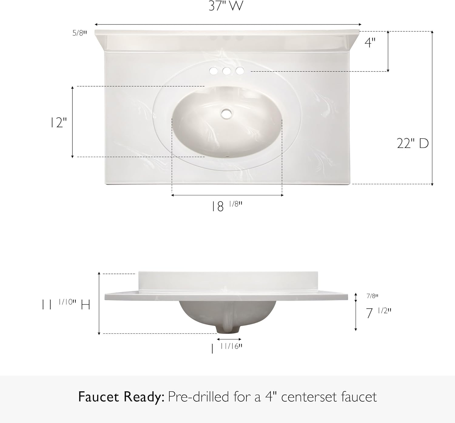 Pemberly Row Cultured Marble Vanity Top, 37" x 22", White on White Ivory Swirl Finish, Integrated Oval Sink with Overflow, Pre-Drilled 4-Inch Centerset, 4-Inch Backsplash, Durable Easy-Clean Bathroom