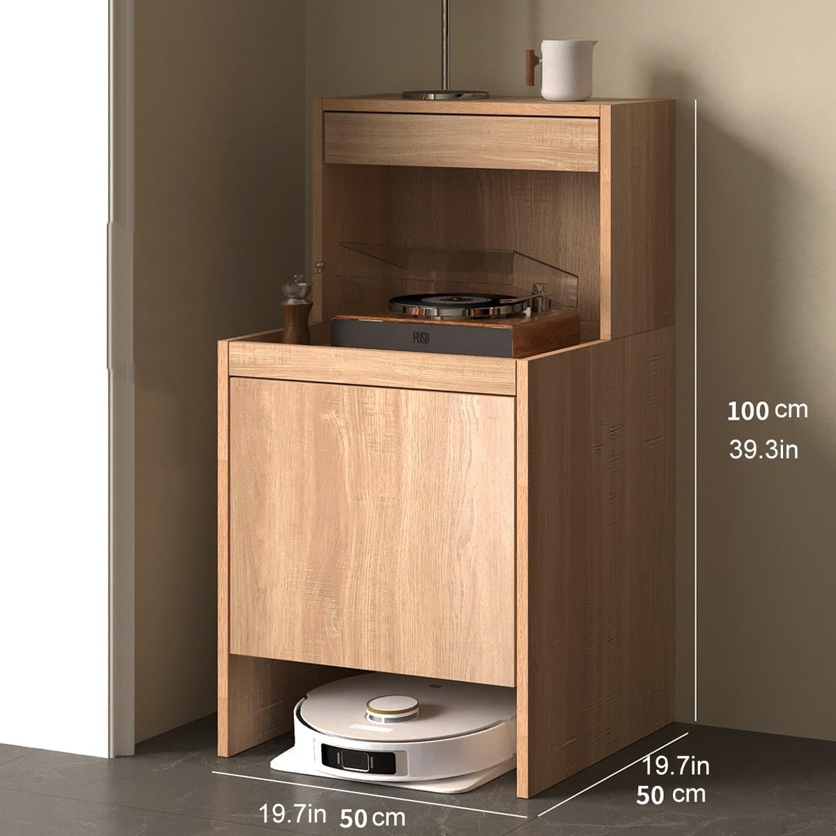 Robot Vacuum Stand Cabinet,Storage Cabinet with Doors and Drawers for Robot Vacuum Cleaner,Wood Bathroom Cabinet,Side Table for Living Room, Home Office(Brown,H100cm/39.3in)