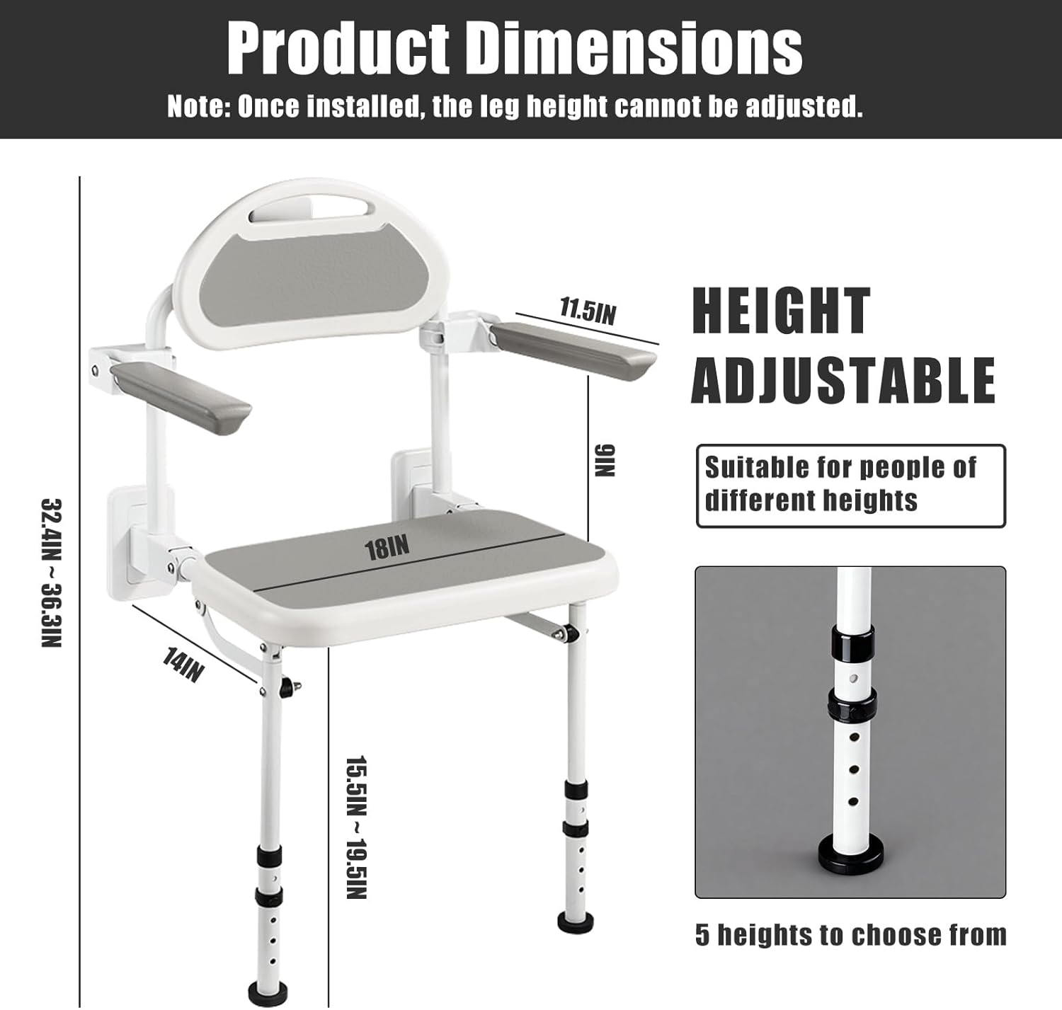 Wall Mounted Folding Shower Seat for Seniors & Disabled - 360lb Heavy Duty Fold Down Shower Chair with Adjustable Height, with Armrests & Backrest - Safe Bath Bench for Elderly, Pregnant Women, Adults