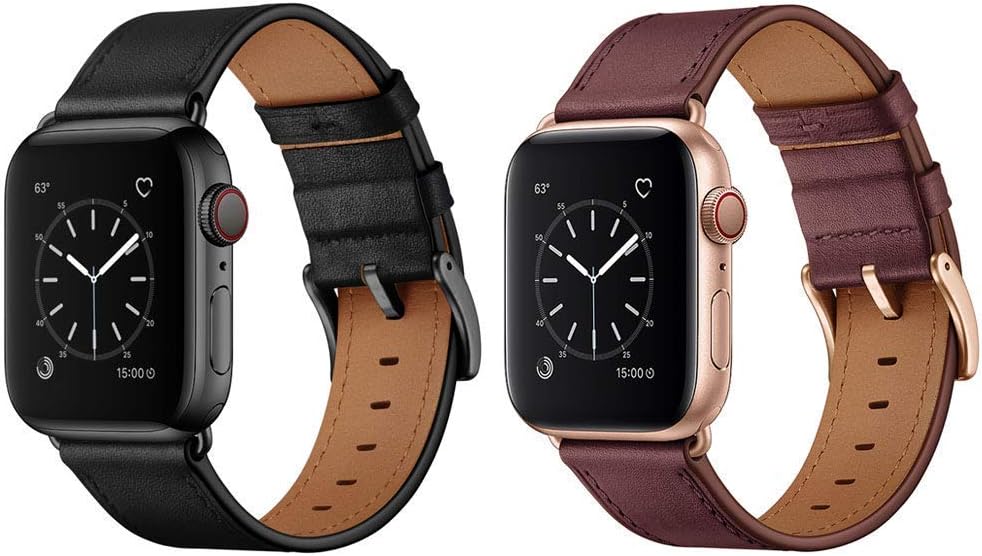 OUHENG Compatible with Apple Watch Band Genuine Leather Replacement Strap 41mm 40mm 38mm Black & Wine Red