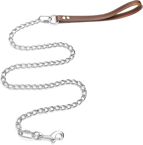 Correa de cadena resistente para perro, correa de cuero con eslabones de acero inoxidable a prueba de mordidas de 4 pies6 pies, con clip de conexión