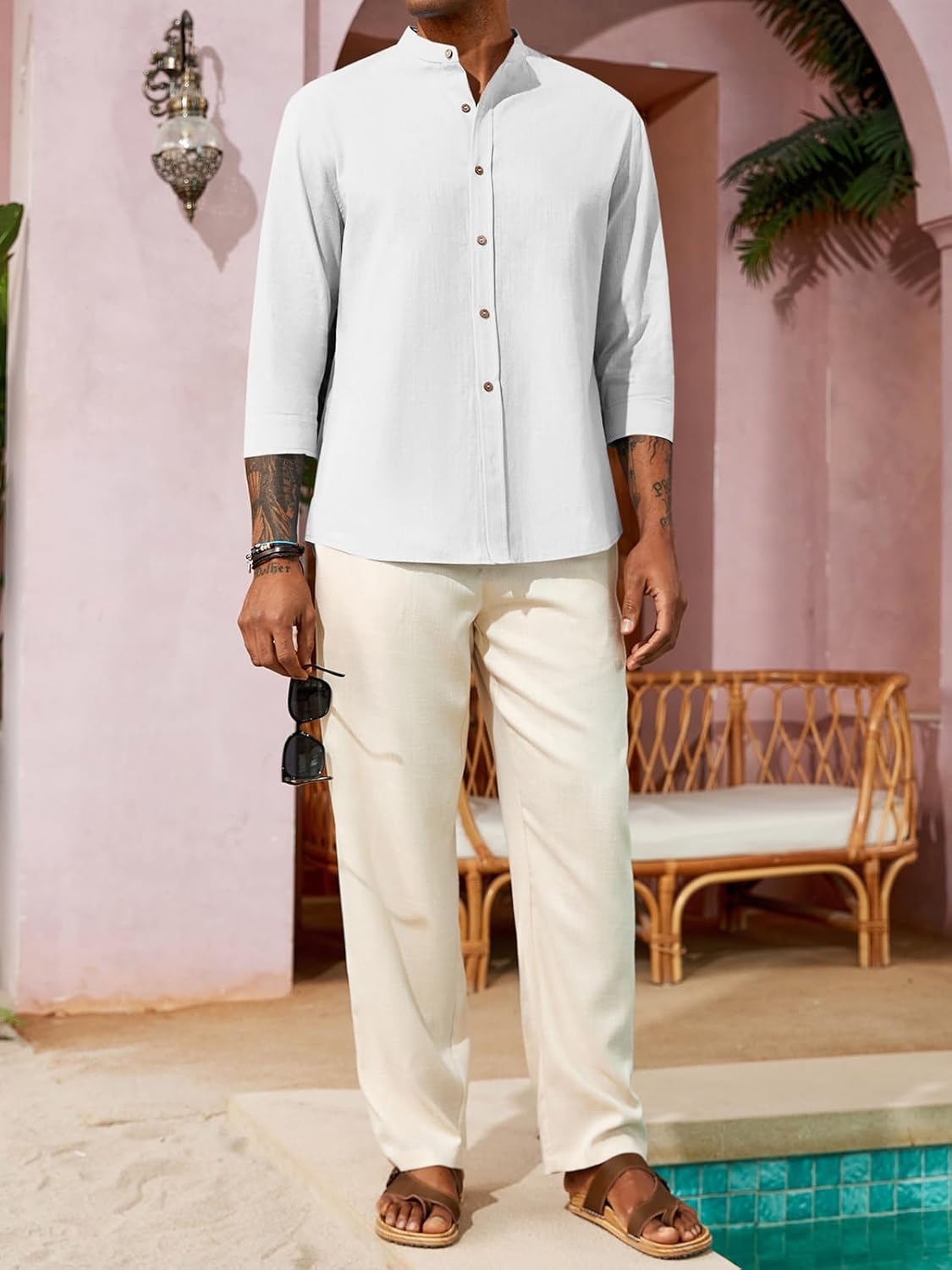 Runcati Mens Casual Linen Shirts 3/4 Sleeve Button Down Banded Collar Summer Beach Shirt - Image 4