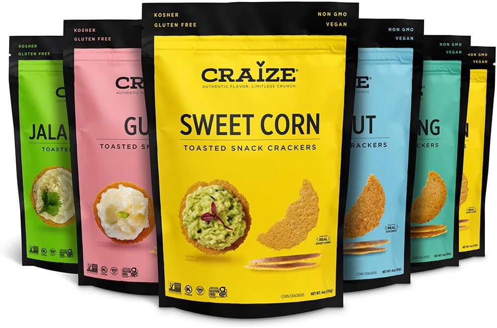 CraizeVariety Pack | Sweet Corn x2, Coconut, Guava, Everything, Jalapeno Lime Crisps | Gluten Free, Vegan, Toasted Corn Crackers | 6 pack, 4 oz each