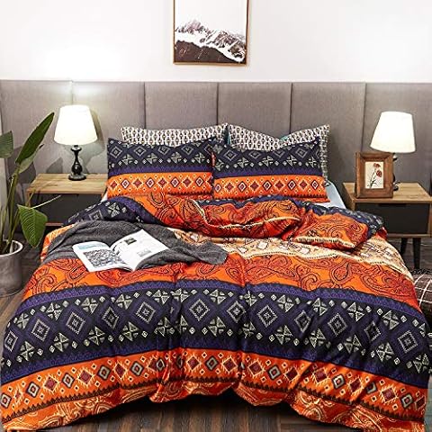 LAMEJOR Duvet Cover Set Twin Size Bohemia Exotic Pattern Vibrant Color Luxury Soft Bedding Set Comforter Cover (1 Duvet Cover+2 Pillowcases) Teal Purple/Orange Red Cover