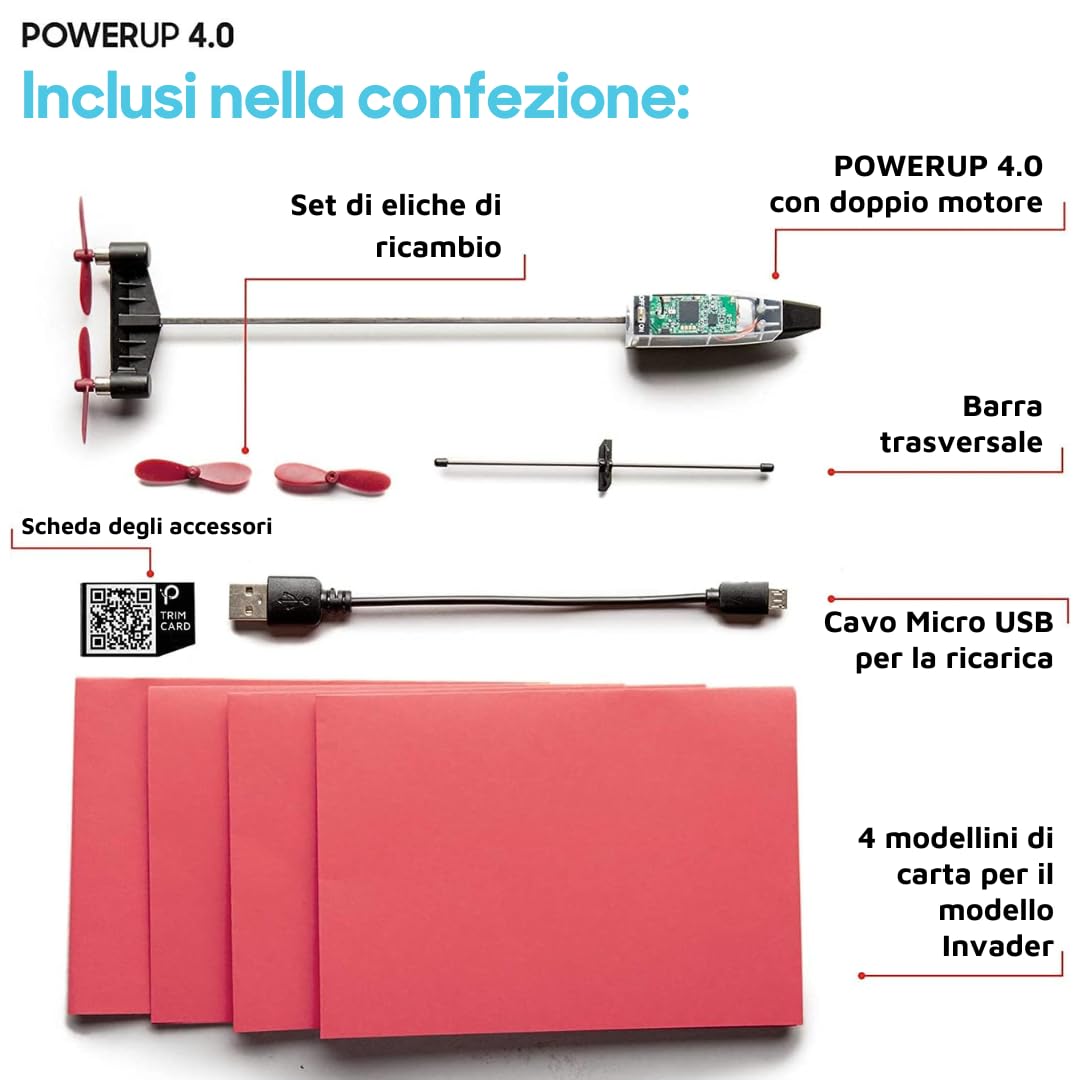 POWERUP 4.0. Set di aerei di carta controllati da smartphone di nuova generazione. Facile da usare grazie alla funzione pilota automatica e al giroscopio integrato. Per tutti i piloti dilettanti e