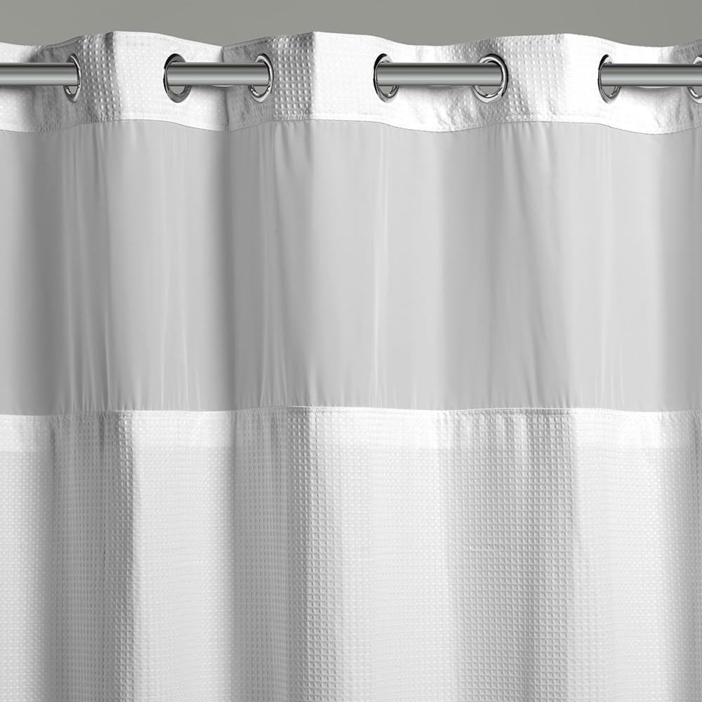 Hookless It’s A Snap! Waffle Shower Curtain, 3-in-1 Shower Curtain with Sheer Top Window, Flex-On Rings & Fabric Liner, 71” x 86”, White