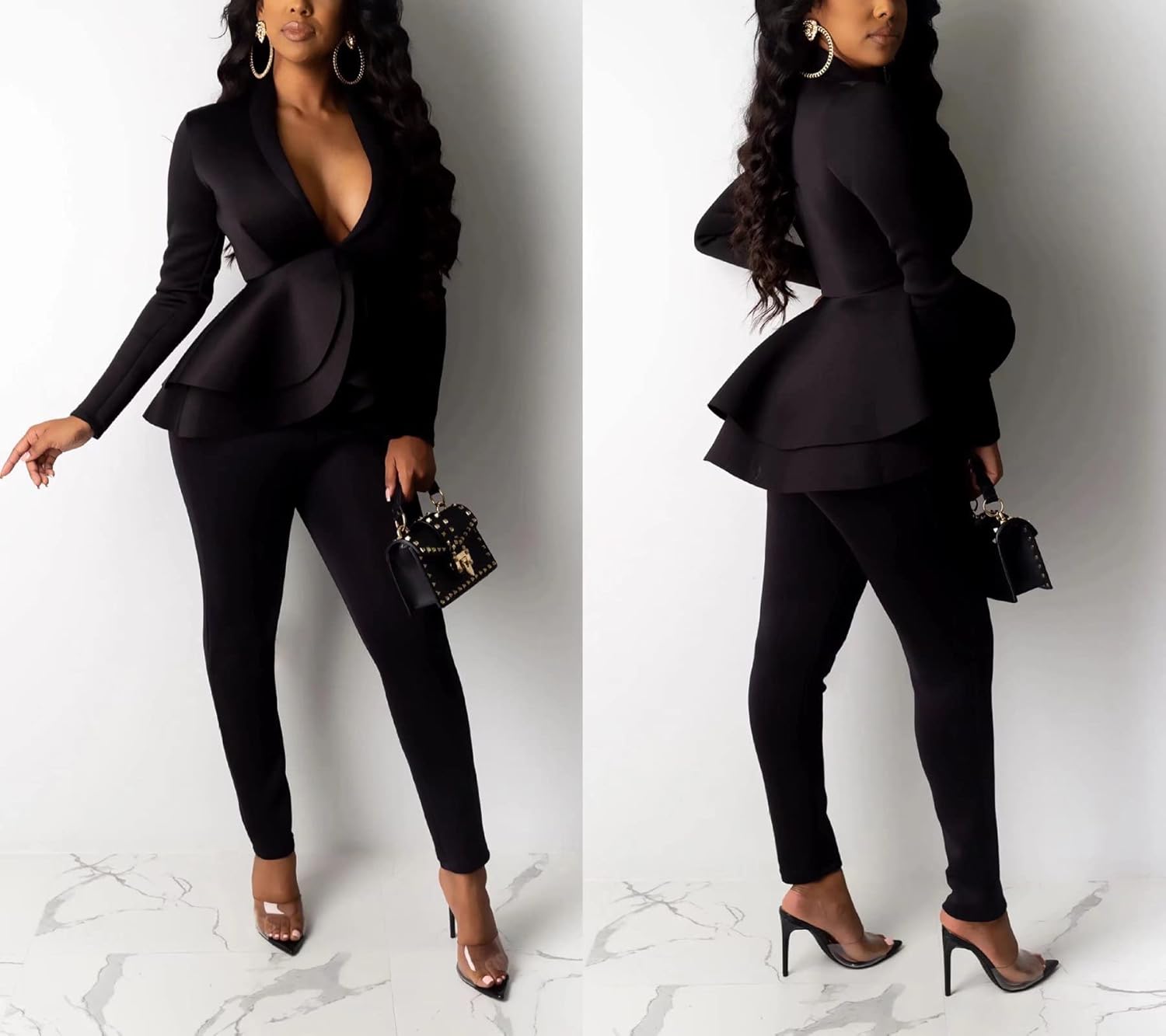 Remelon Women's Suit Sets 2 Piece Sets Sexy V Neck Business Casual Blazer Suit Pants Sets - Image 2