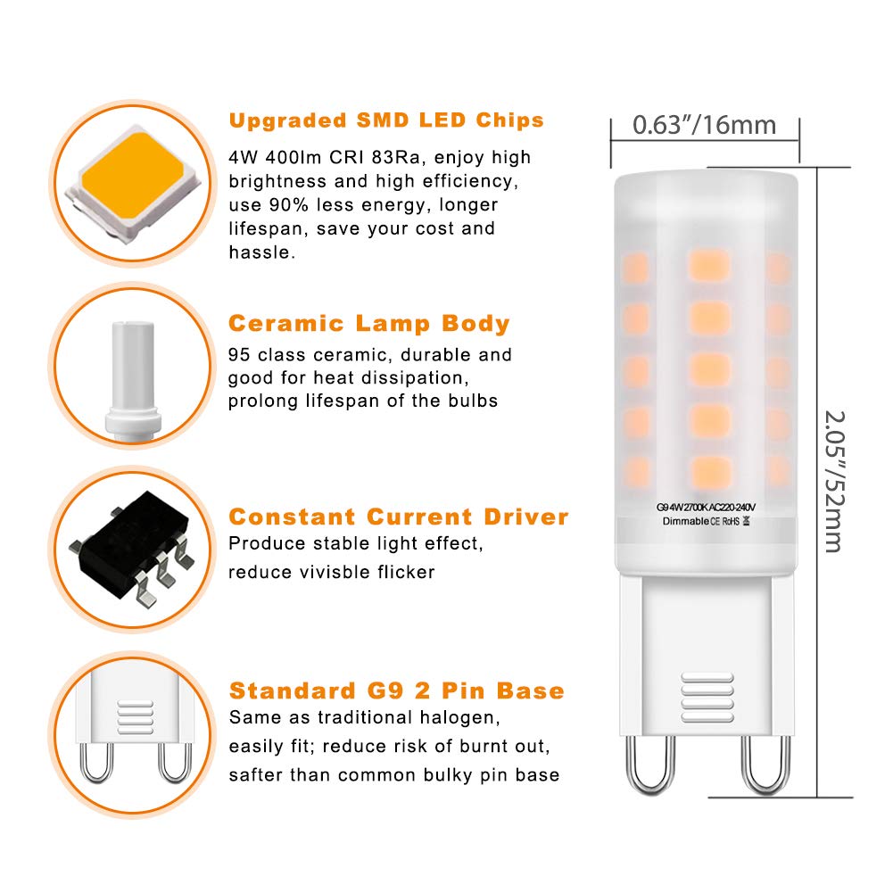 10 Stuks G9 5W LED-Lamp, Equivalent 50W Halogeenlampen, Koud Wit 6000K, AC220-240V, 450Lm, LED Energiebesparend, G9 Standaard Basis, Niet Dimbaar, voor Binnen en Buiten Decoratieverlichting