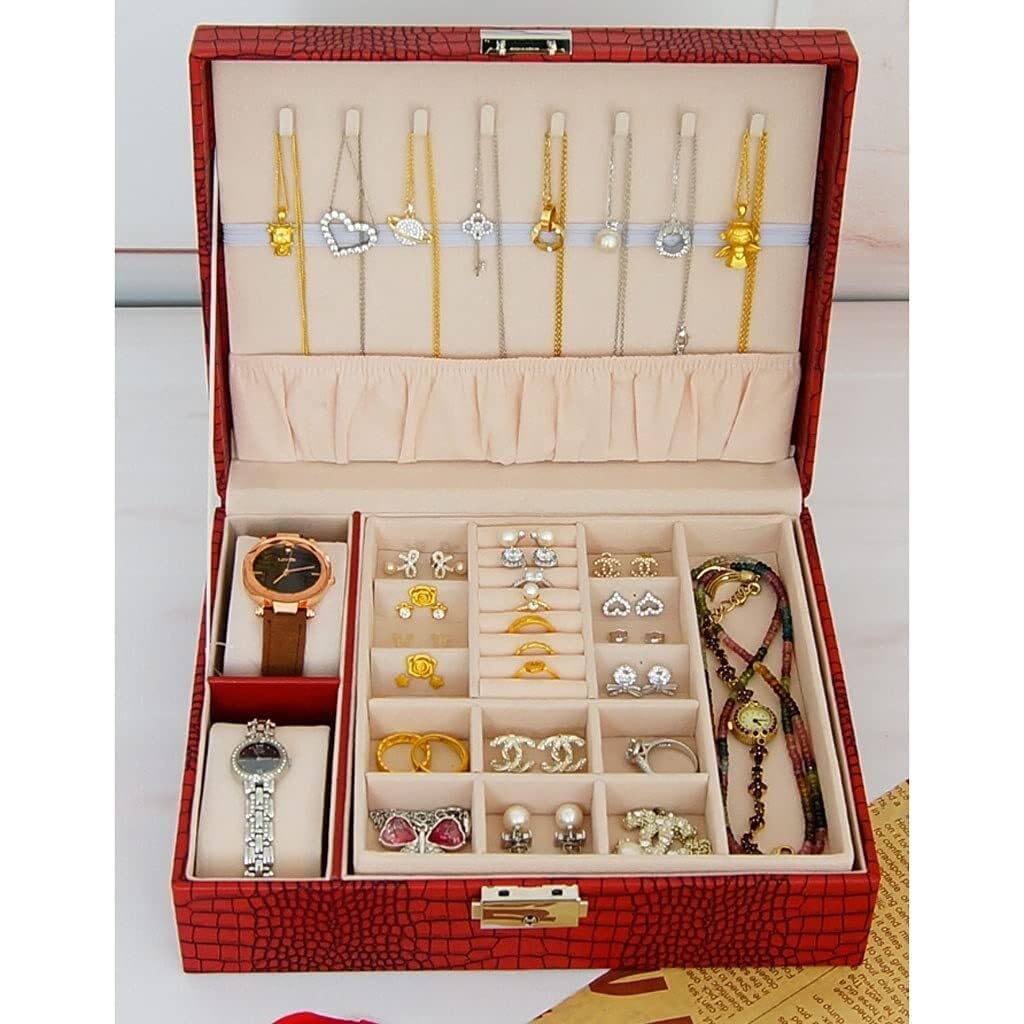 Joyero de Lujo con Cerradura, Caja de Almacenamiento para Relojes, Anillos, Gemelos, Pulseras, Organizador de Joyas de Estilo Europeo de Doble Capa, Duradero (Multicolor)