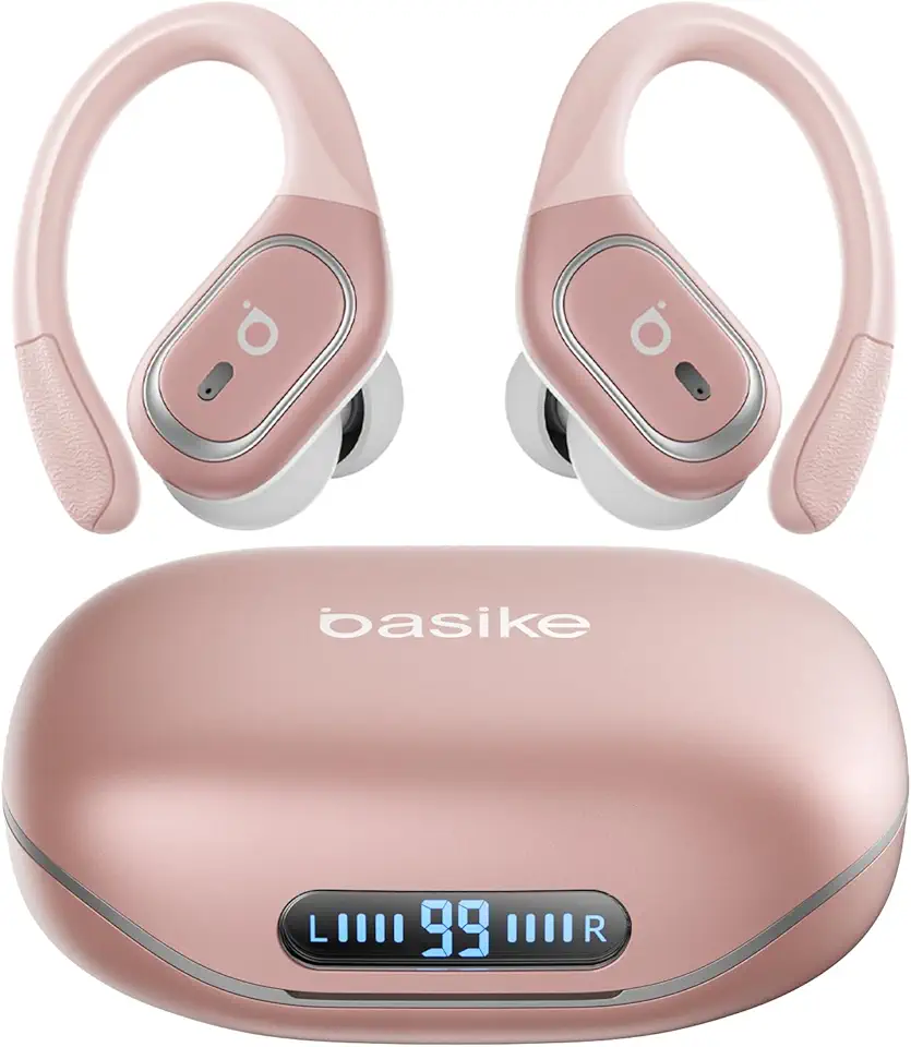 Basike Fone de Ouvido Bluetooth 6.0 TWS Esportivo, Som Hi-Fi Estéreo, Microfone com ENC, Toque Sensível, IPX5 à Prova d’Água para Corrida e Exercícios – Ouro Rosa