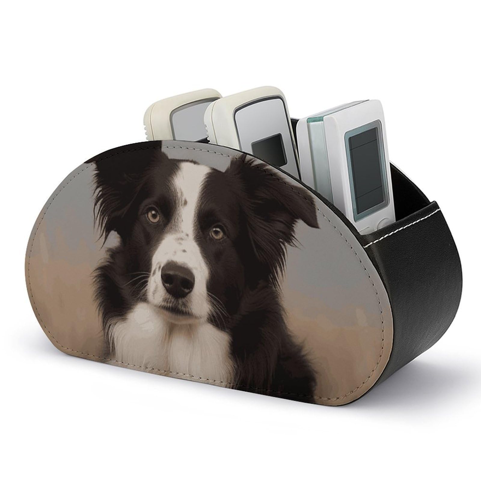 DWVTSLH Border Collie Remote Control Holder with 5 Compartments - PU Leather TV Remote Holder Remote Caddy Desktop Organizer Makeup Brush Holder, Remote Storage Box for Home Office
